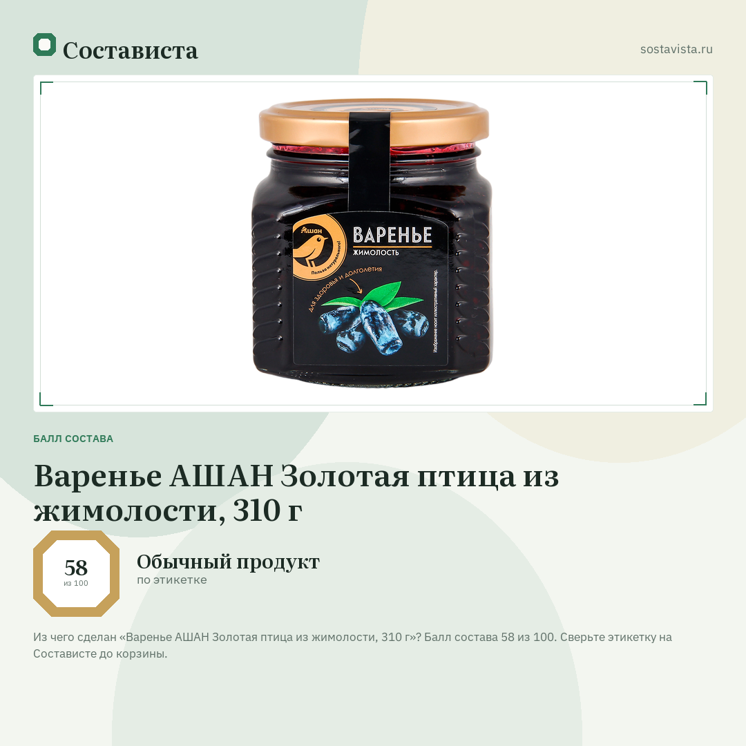 Варенье АШАН Золотая птица из жимолости, 310 г: балл состава 58 из 100 — Состависта