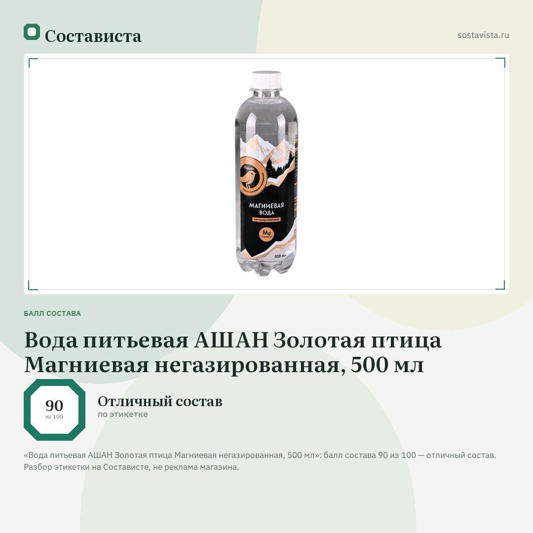 Вода питьевая АШАН Золотая птица Магниевая негазированная, 500 мл: балл состава 90 из 100 — Состависта