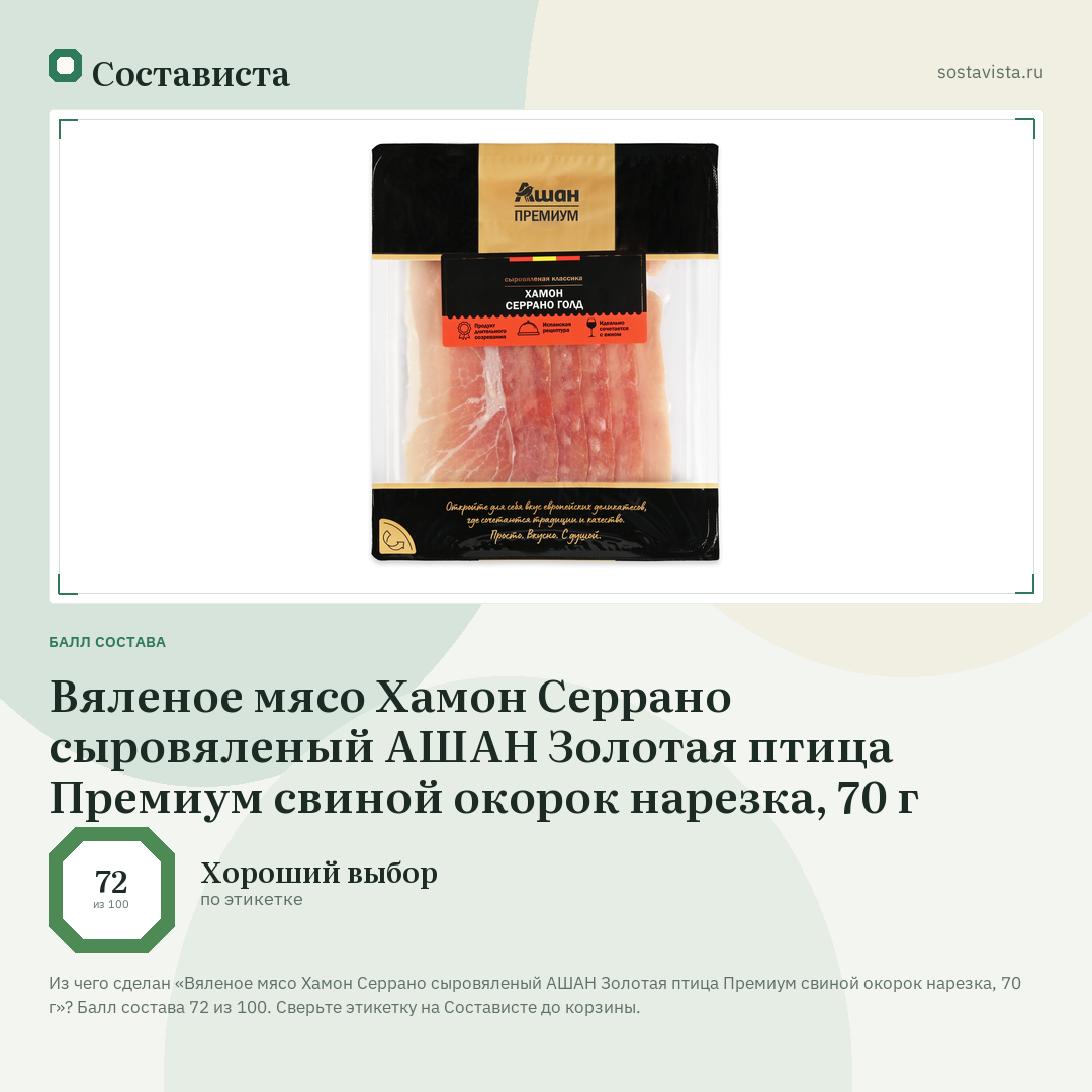 Вяленое мясо Хамон Серрано сыровяленый АШАН Золотая птица Премиум свиной окорок нарезка, 70 г: балл состава 72 из 100 — Состависта