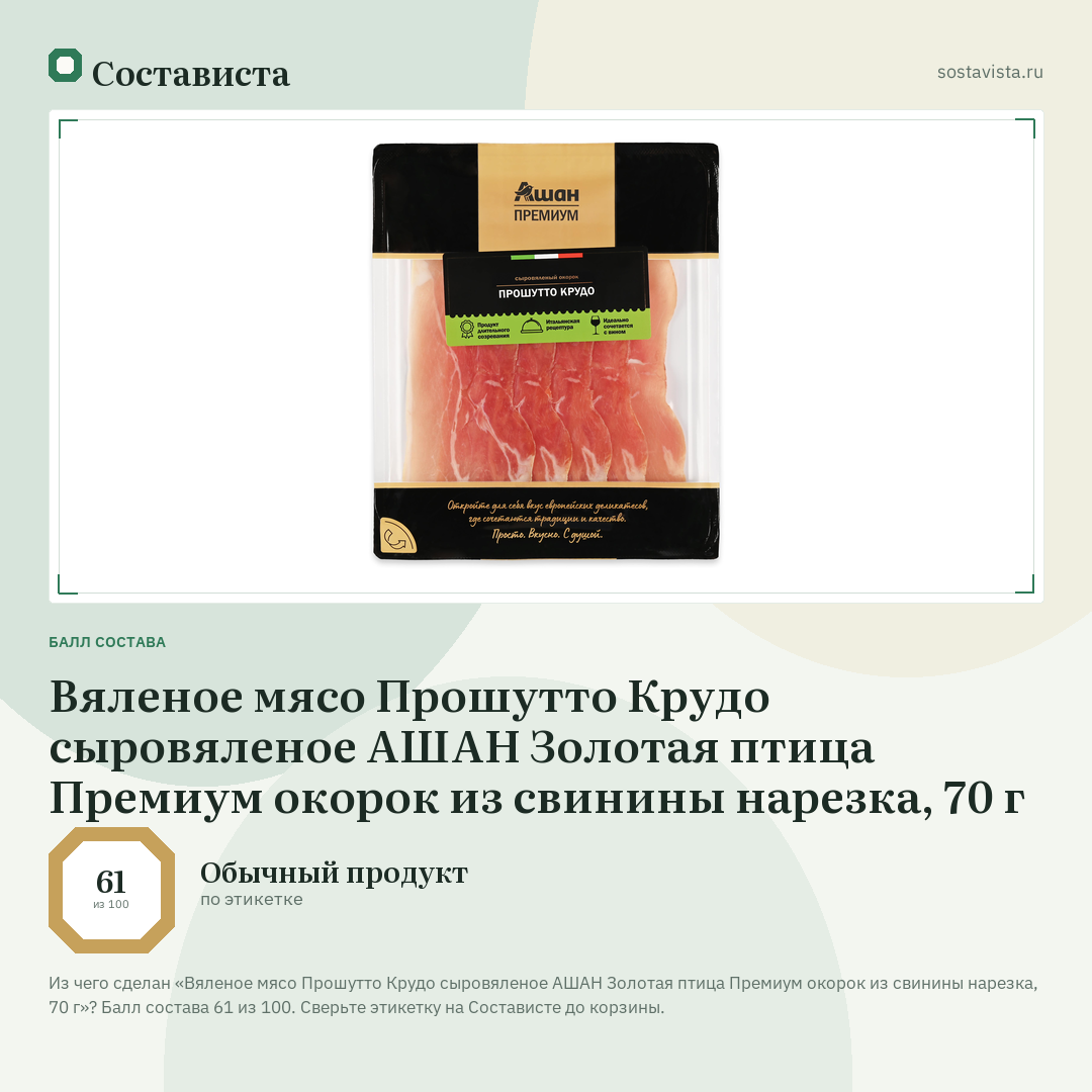 Вяленое мясо Прошутто Крудо сыровяленое АШАН Золотая птица Премиум окорок из свинины нарезка, 70 г: балл состава 61 из 100 — Состависта