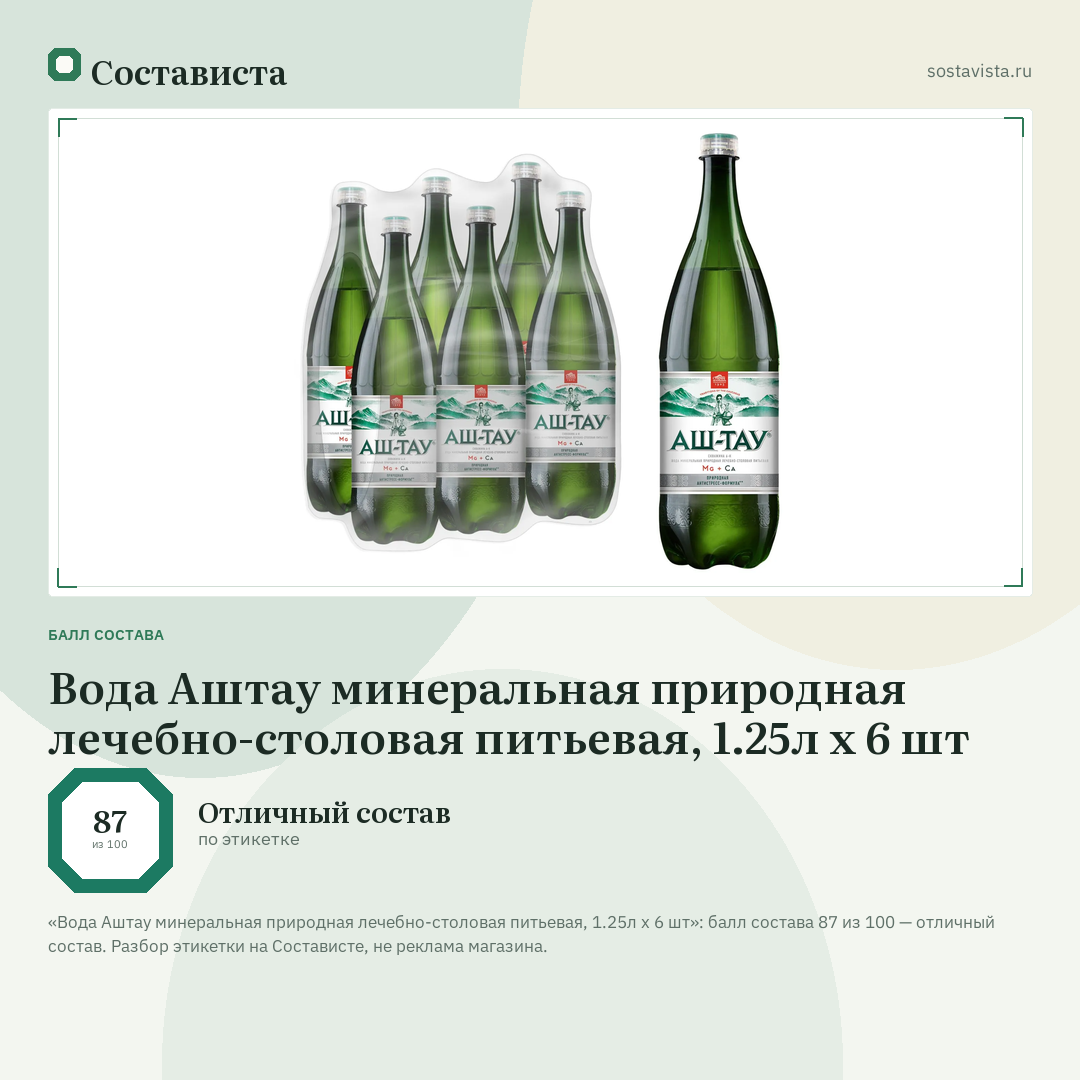 Вода Аштау минеральная природная лечебно-столовая питьевая, 1.25л х 6 шт: балл состава 87 из 100 — Состависта