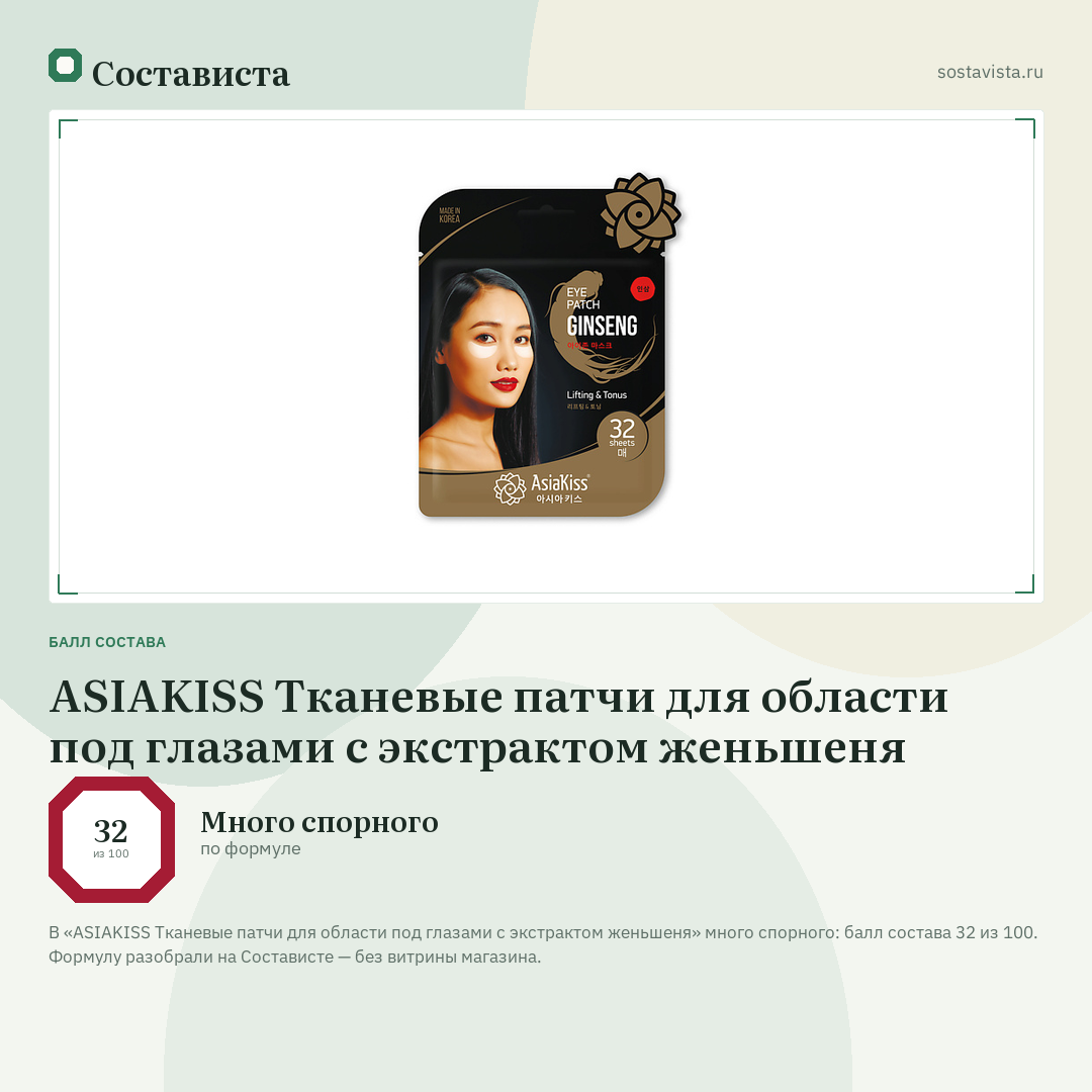 ASIAKISS Тканевые патчи для области под глазами с экстрактом женьшеня: балл состава 32 из 100 — Состависта