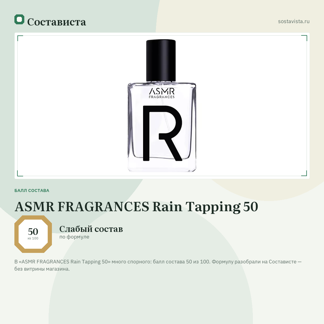 ASMR FRAGRANCES Rain Tapping 50: балл состава 50 из 100 — Состависта