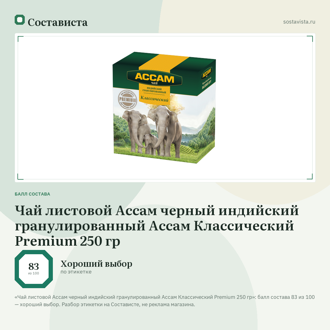 Чай листовой Ассам черный индийский гранулированный Ассам Классический Premium 250 гр: балл состава 83 из 100 — Состависта