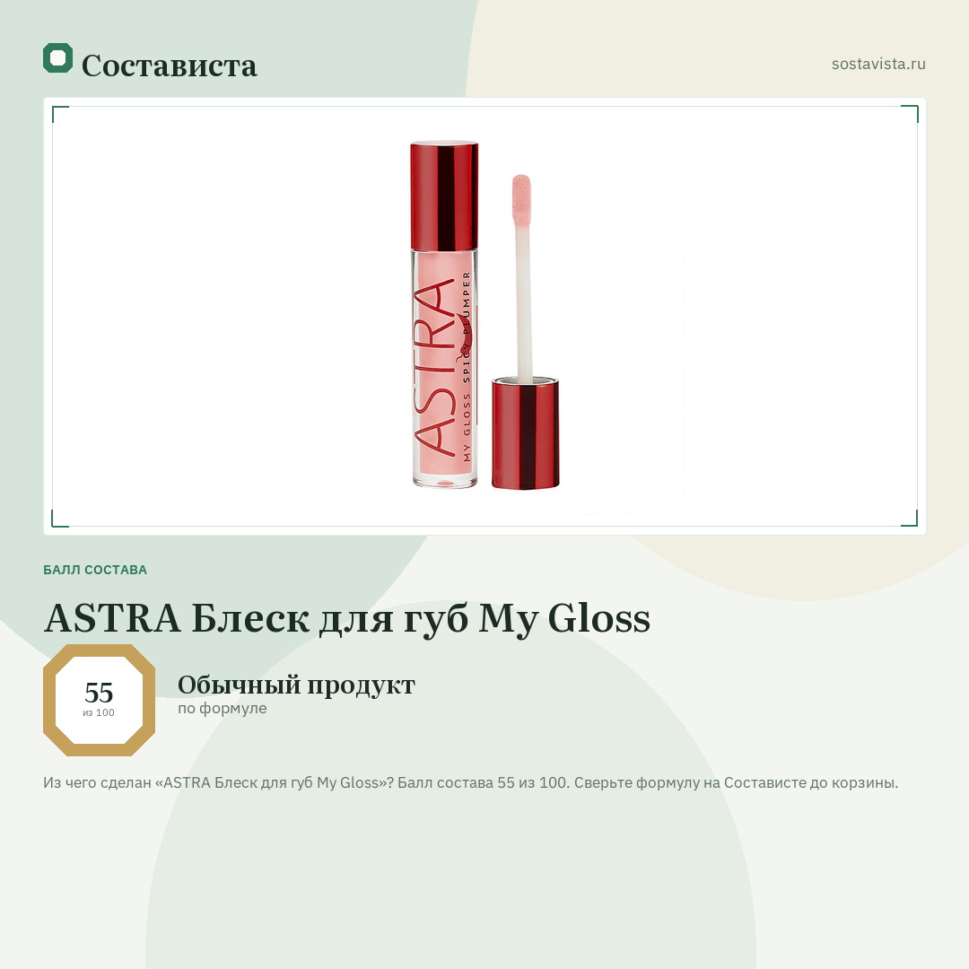 ASTRA Блеск для губ My Gloss: балл состава 55 из 100 — Состависта