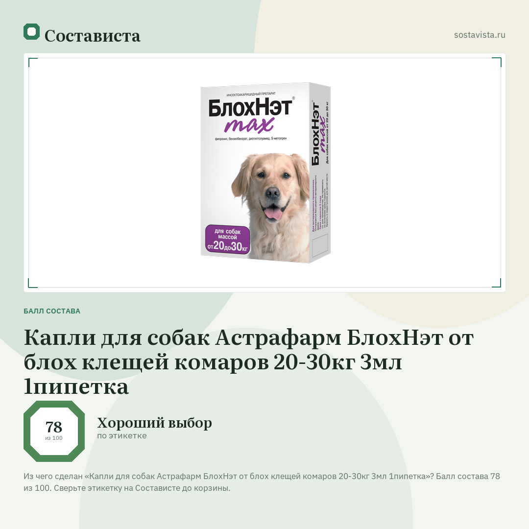 Капли для собак Астрафарм БлохНэт от блох клещей комаров 20-30кг 3мл 1пипетка: балл состава 78 из 100 — Состависта