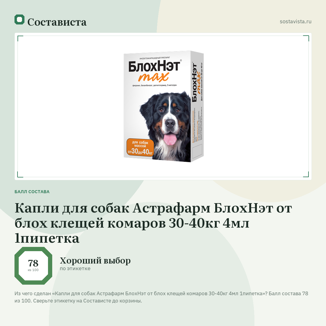 Капли для собак Астрафарм БлохНэт от блох клещей комаров 30-40кг 4мл 1пипетка: балл состава 78 из 100 — Состависта
