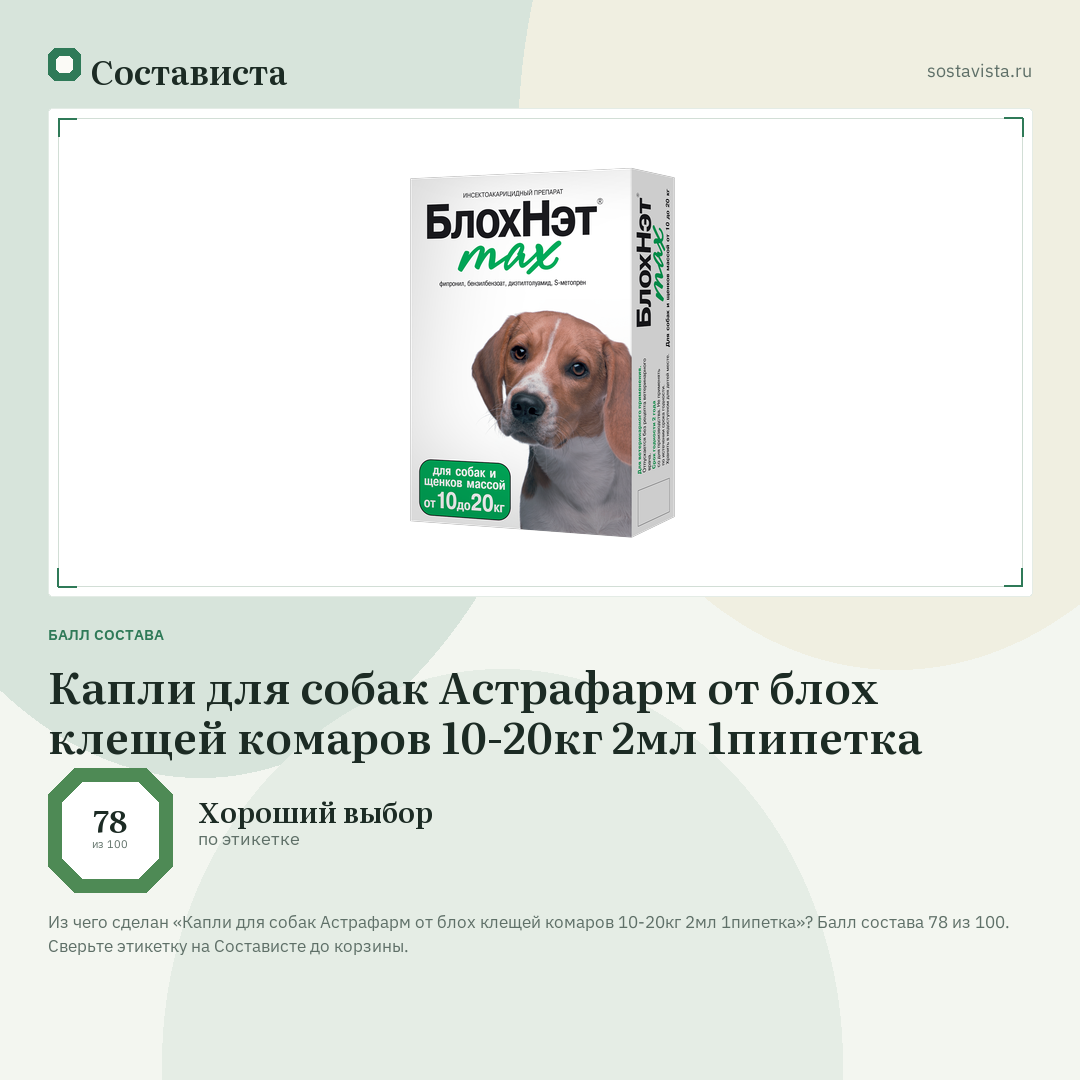 Капли для собак Астрафарм от блох клещей комаров 10-20кг 2мл 1пипетка: балл состава 78 из 100 — Состависта