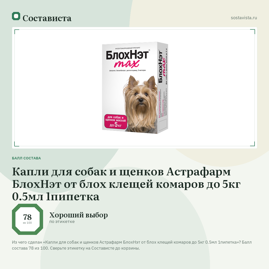 Капли для собак и щенков Астрафарм БлохНэт от блох клещей комаров до 5кг 0.5мл 1пипетка: балл состава 78 из 100 — Состависта