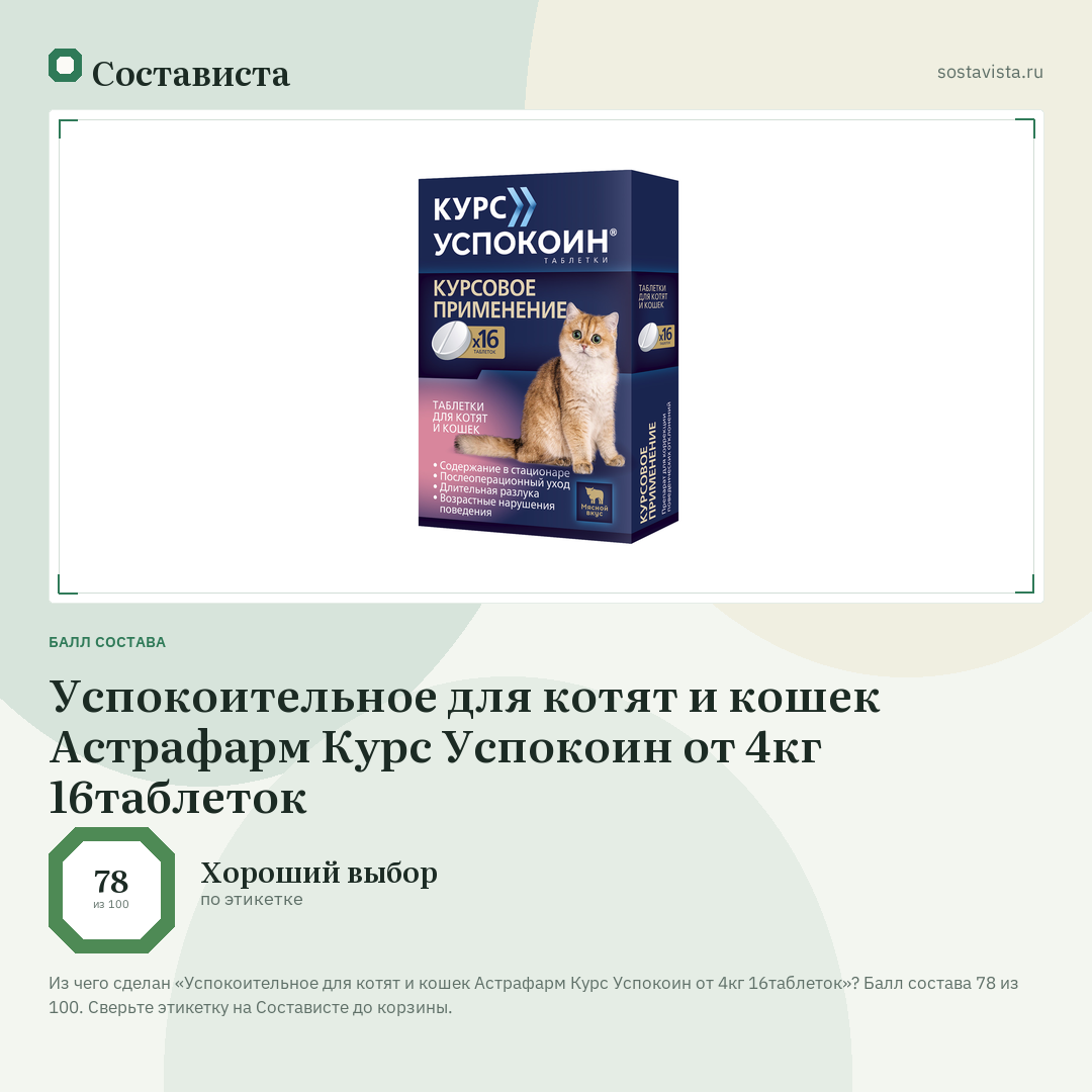 Успокоительное для котят и кошек Астрафарм Курс Успокоин от 4кг 16таблеток: балл состава 78 из 100 — Состависта