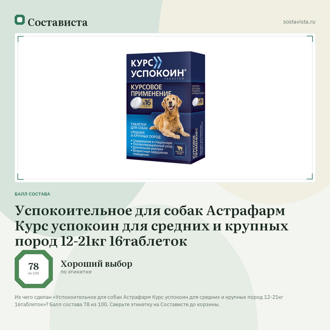 Успокоительное для собак Астрафарм Курс успокоин для средних и крупных пород 12-21кг 16таблеток: балл состава 78 из 100 — Состависта