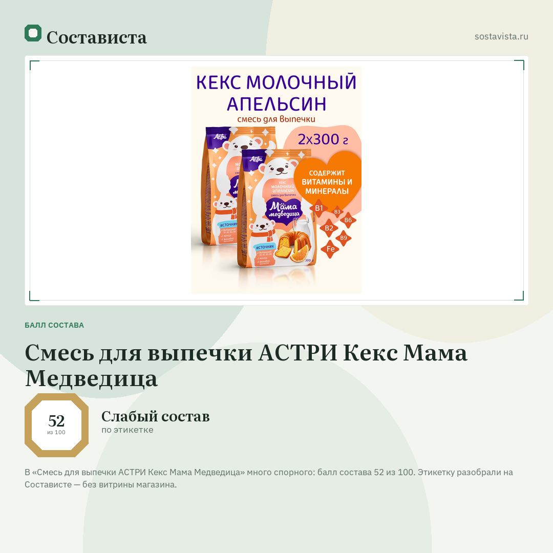 Смесь для выпечки АСТРИ Кекс Мама Медведица: балл состава 52 из 100 — Состависта