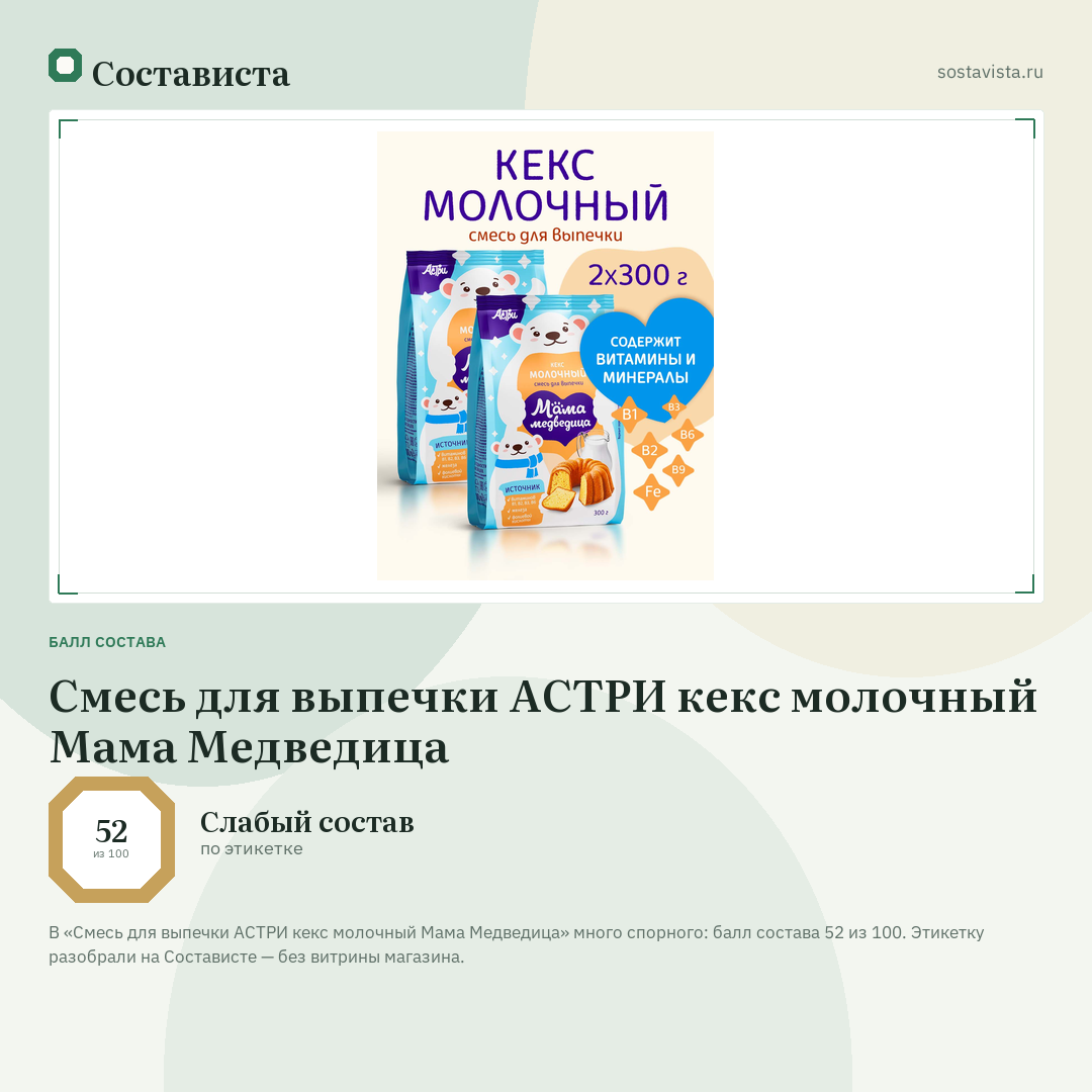 Смесь для выпечки АСТРИ кекс молочный Мама Медведица: балл состава 52 из 100 — Состависта