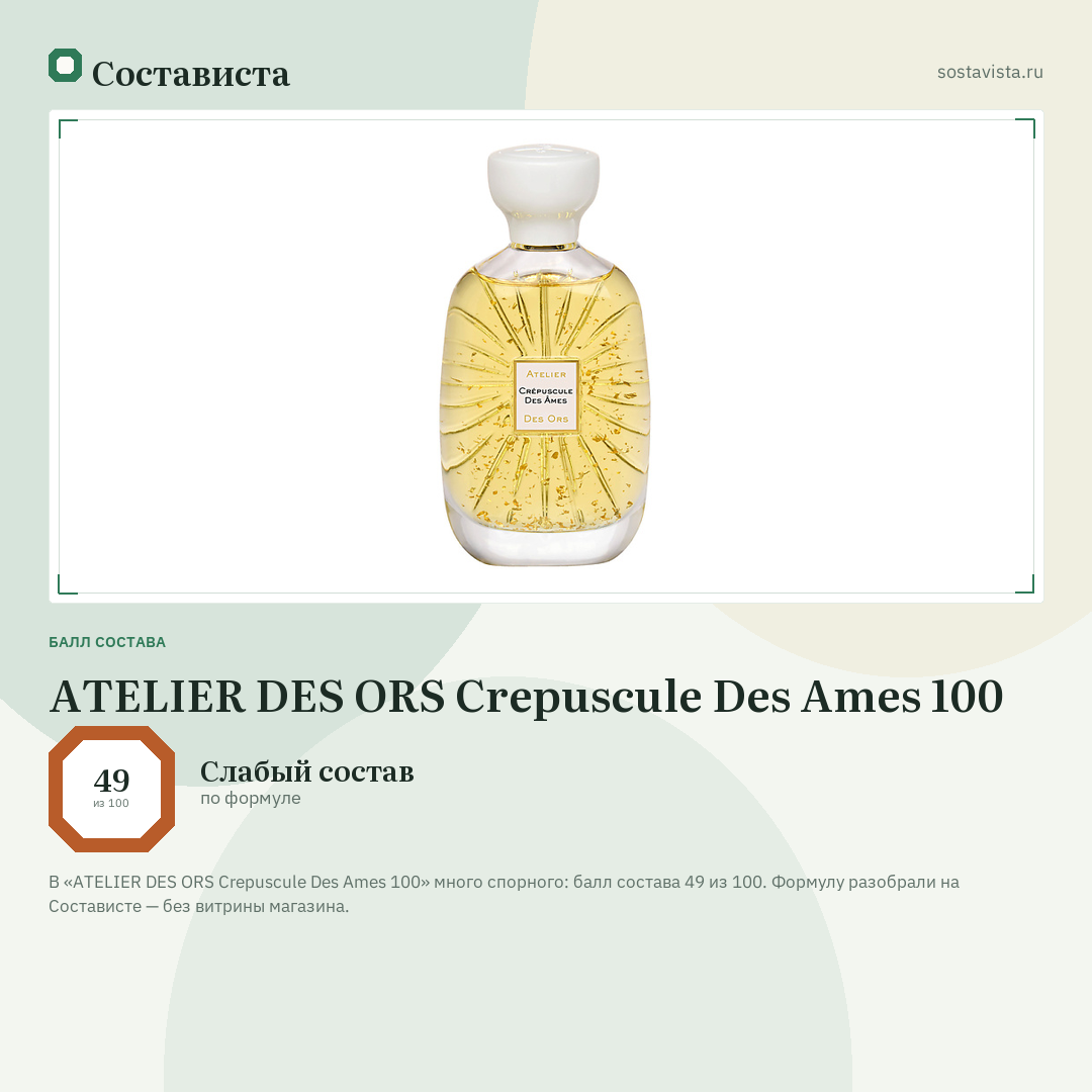 ATELIER DES ORS Crepuscule Des Ames 100: балл состава 49 из 100 — Состависта