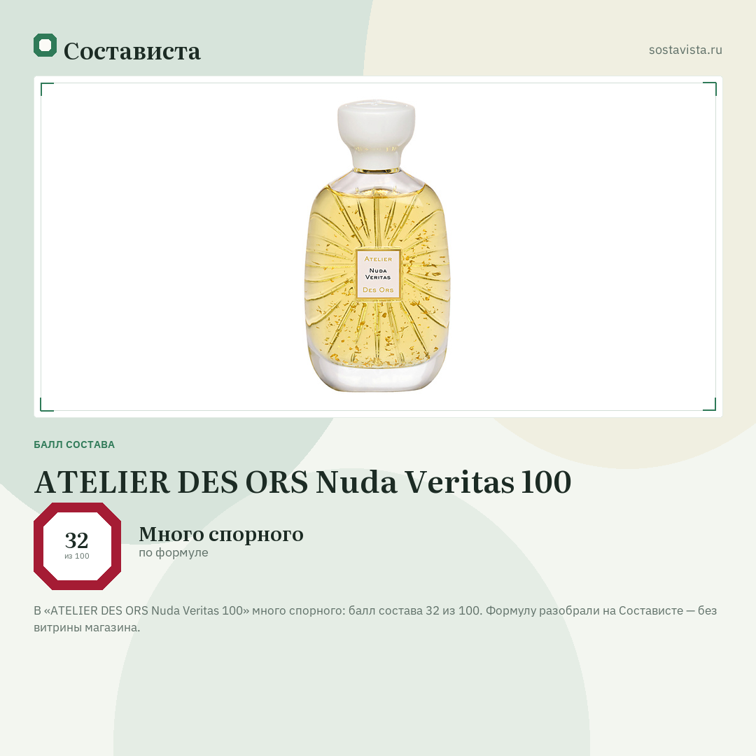 ATELIER DES ORS Nuda Veritas 100: балл состава 32 из 100 — Состависта
