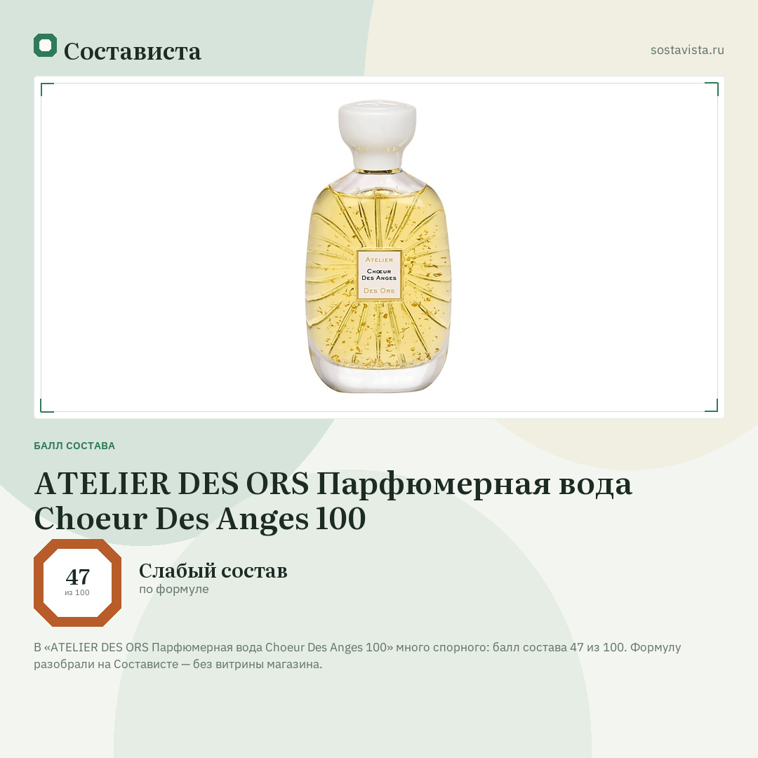 ATELIER DES ORS Парфюмерная вода Choeur Des Anges 100: балл состава 47 из 100 — Состависта