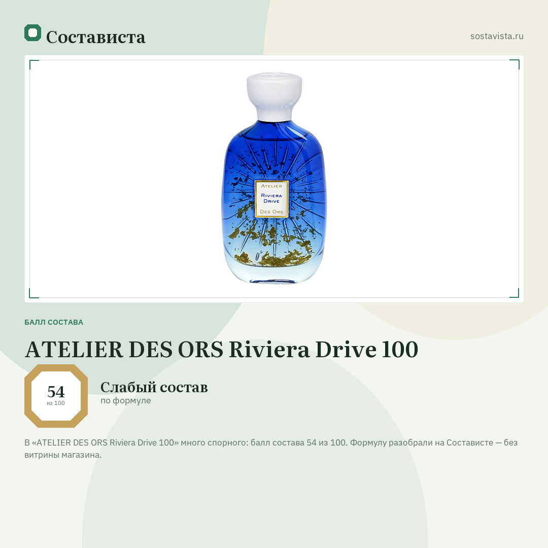 ATELIER DES ORS Riviera Drive 100: балл состава 54 из 100 — Состависта