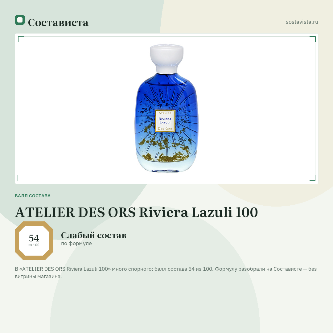 ATELIER DES ORS Riviera Lazuli 100: балл состава 54 из 100 — Состависта