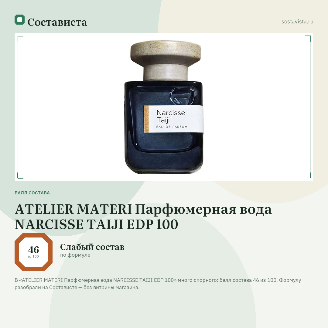 ATELIER MATERI Парфюмерная вода NARCISSE TAIJI EDP 100: балл состава 46 из 100 — Состависта