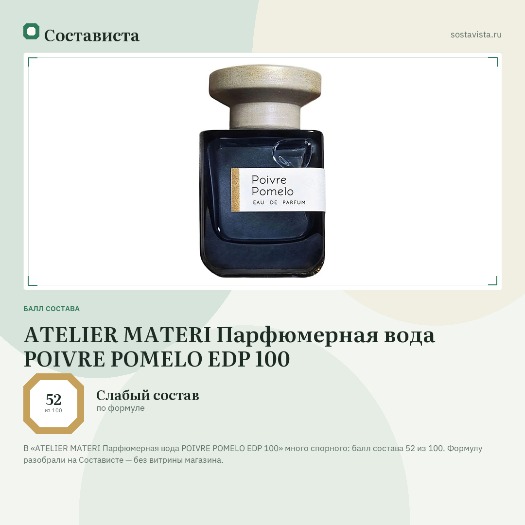 ATELIER MATERI Парфюмерная вода POIVRE POMELO EDP 100: балл состава 52 из 100 — Состависта