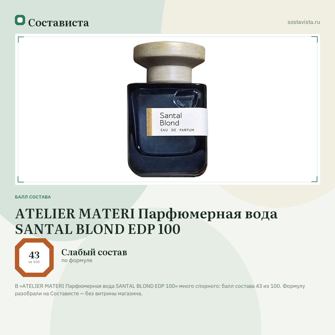 ATELIER MATERI Парфюмерная вода SANTAL BLOND EDP 100: балл состава 43 из 100 — Состависта