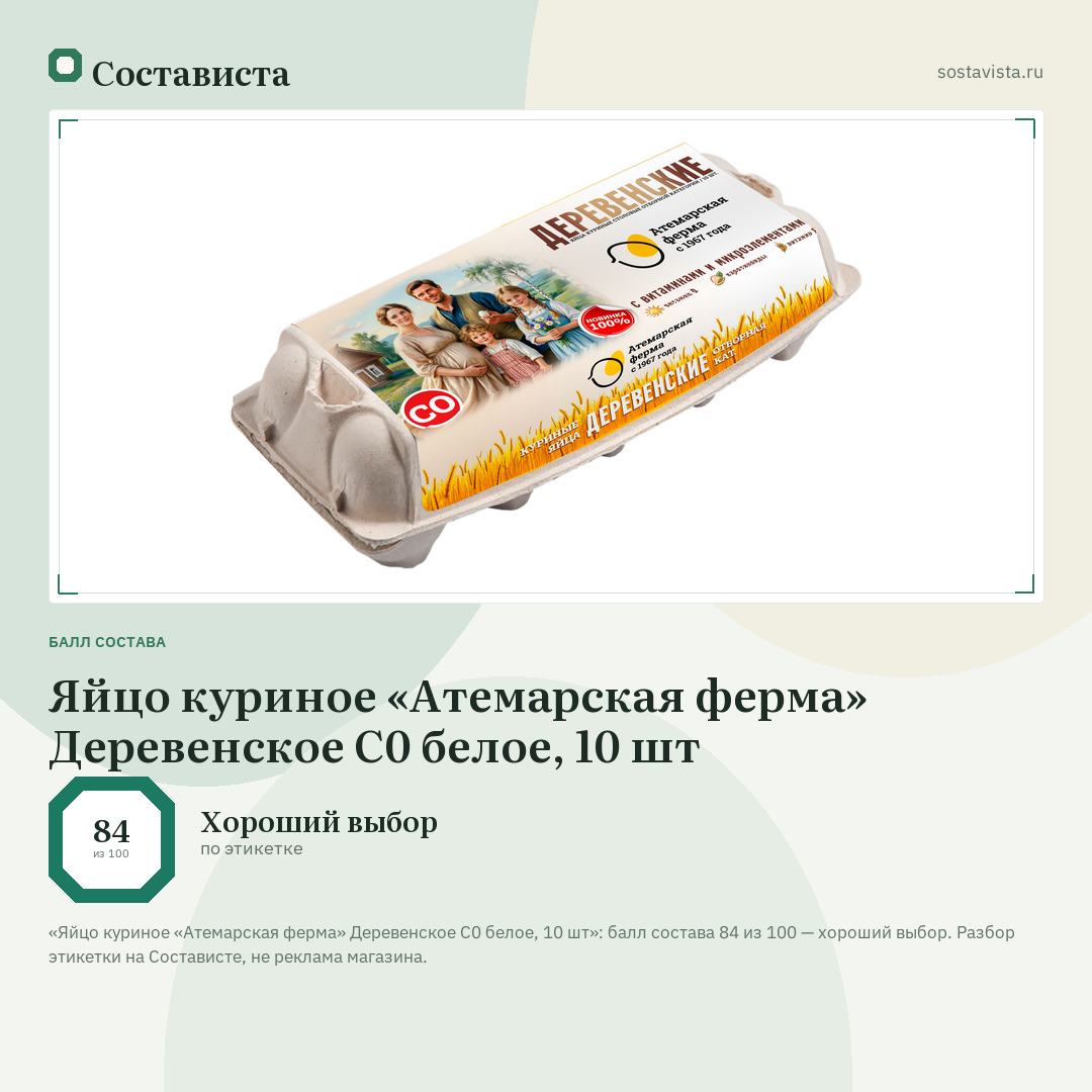 Яйцо куриное «Атемарская ферма» Деревенское С0 белое, 10 шт: балл состава 84 из 100 — Состависта