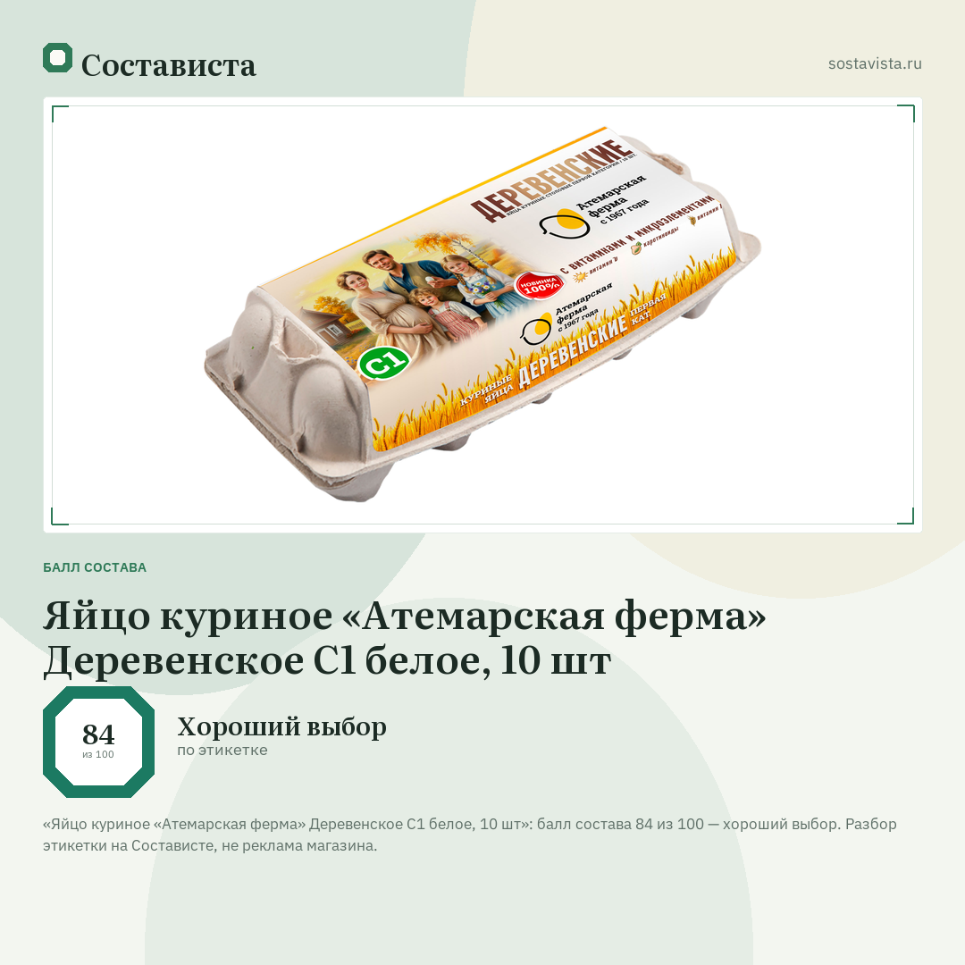 Яйцо куриное «Атемарская ферма» Деревенское С1 белое, 10 шт: балл состава 84 из 100 — Состависта