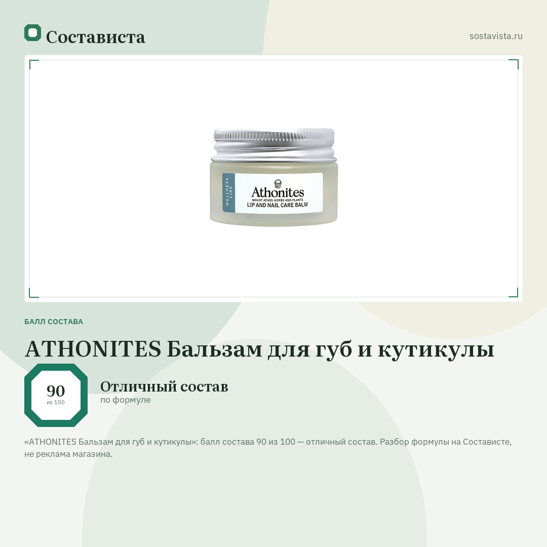 ATHONITES Бальзам для губ и кутикулы: балл состава 90 из 100 — Состависта