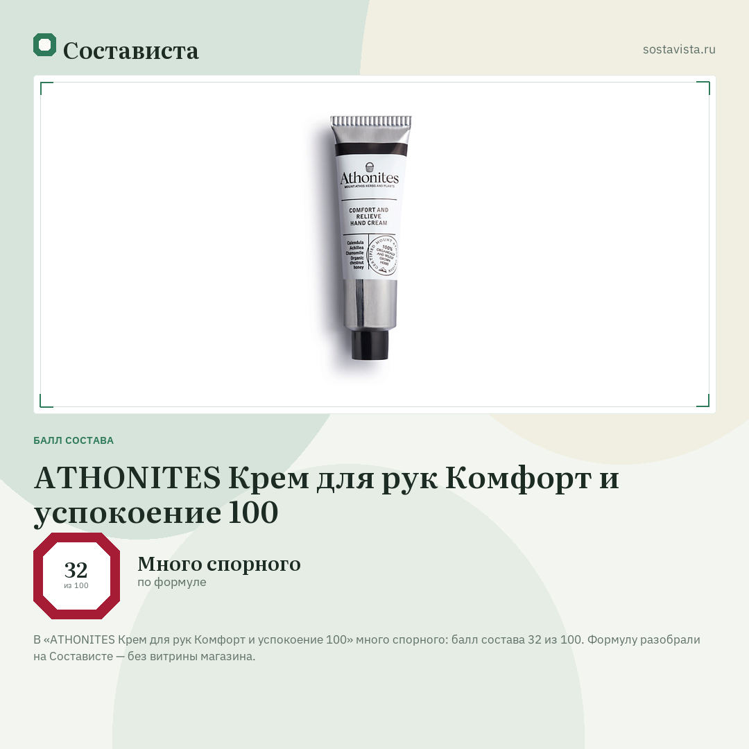 ATHONITES Крем для рук Комфорт и успокоение 100: балл состава 32 из 100 — Состависта