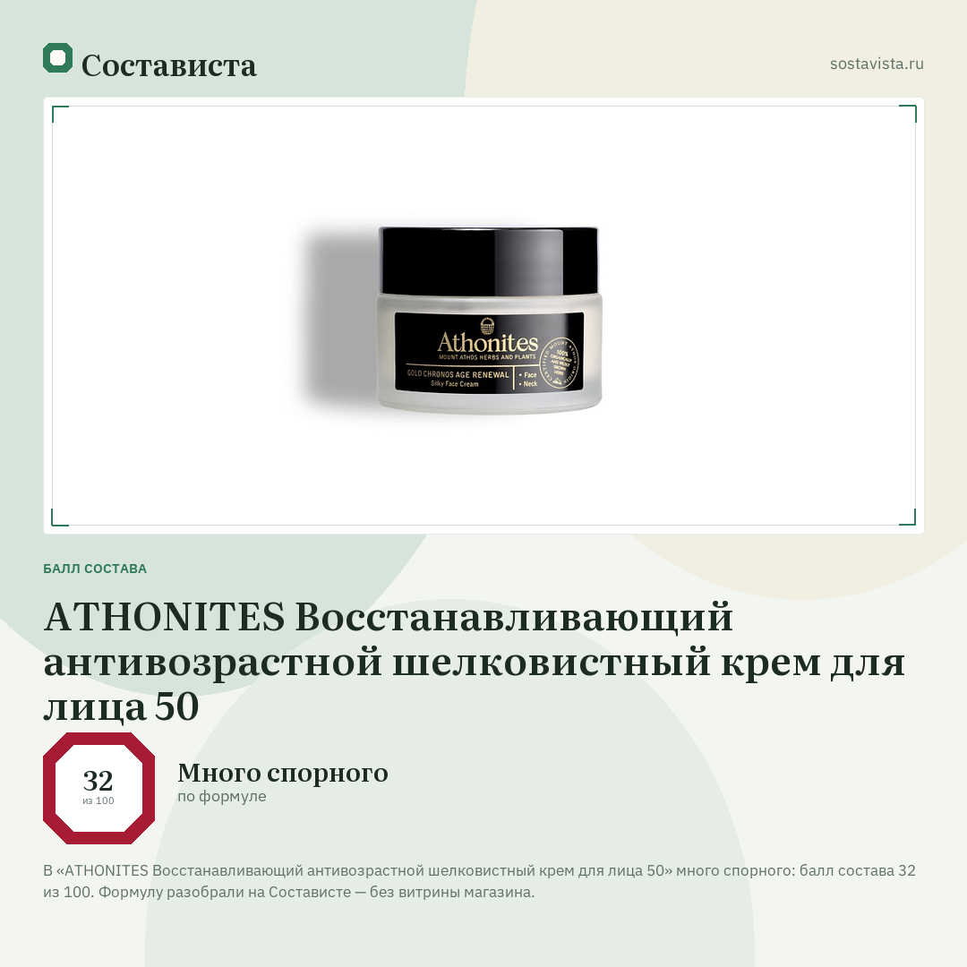 ATHONITES Восстанавливающий антивозрастной шелковистный крем для лица 50: балл состава 32 из 100 — Состависта