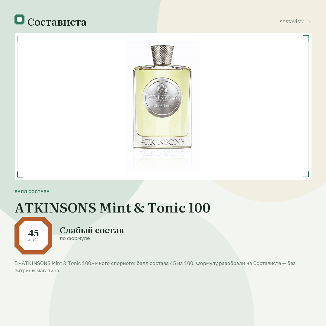 ATKINSONS Mint & Tonic 100: балл состава 45 из 100 — Состависта