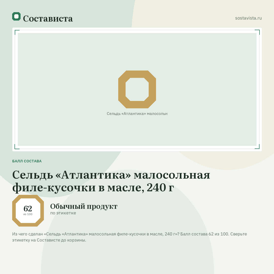 Сельдь «Атлантика» малосольная филе-кусочки в масле, 240 г: балл состава 62 из 100 — Состависта