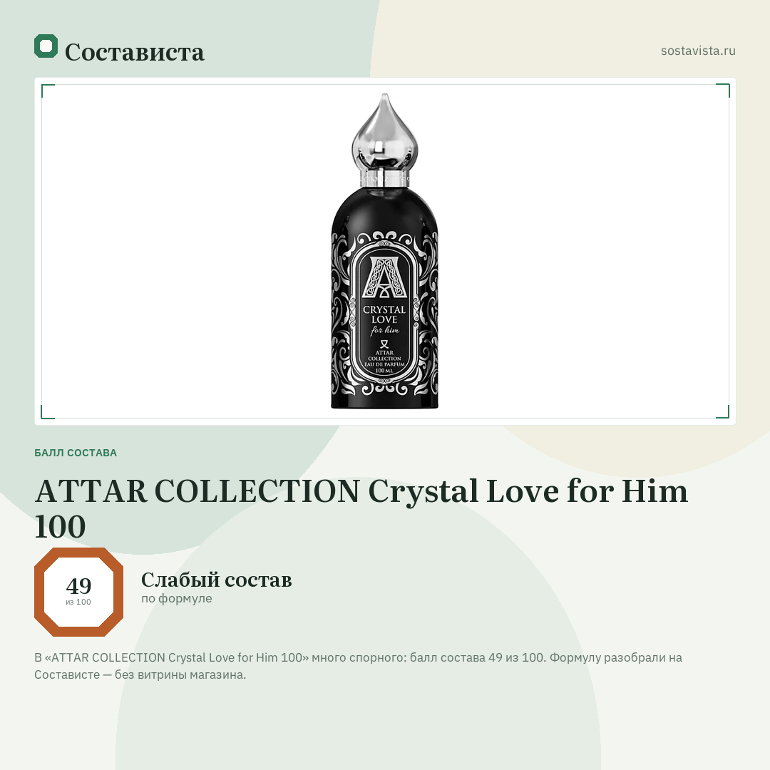 ATTAR COLLECTION Crystal Love for Him 100: балл состава 49 из 100 — Состависта