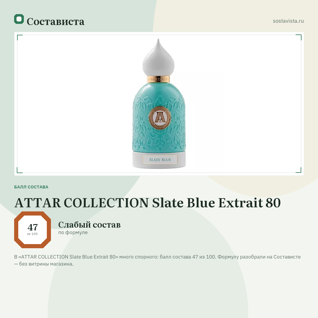 ATTAR COLLECTION Slate Blue Extrait 80: балл состава 47 из 100 — Состависта
