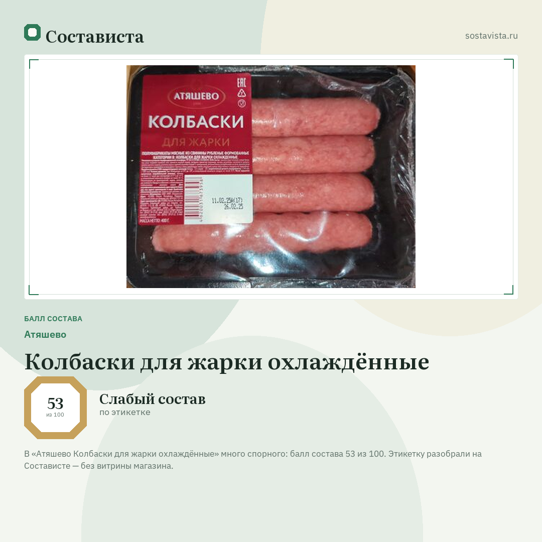 Атяшево Колбаски для жарки охлаждённые: балл состава 53 из 100 — Состависта