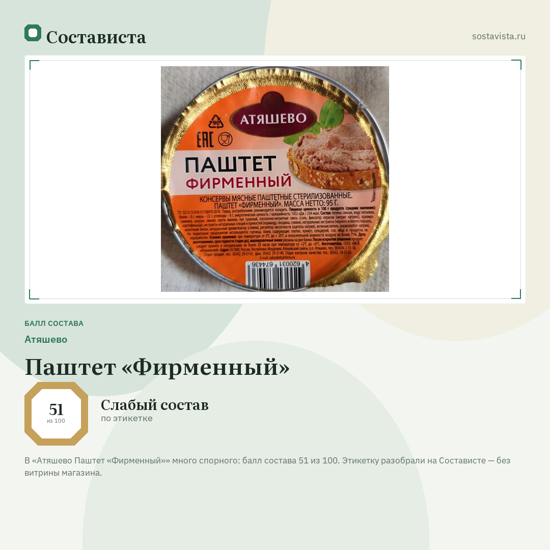 Атяшево Паштет «Фирменный»: балл состава 51 из 100 — Состависта
