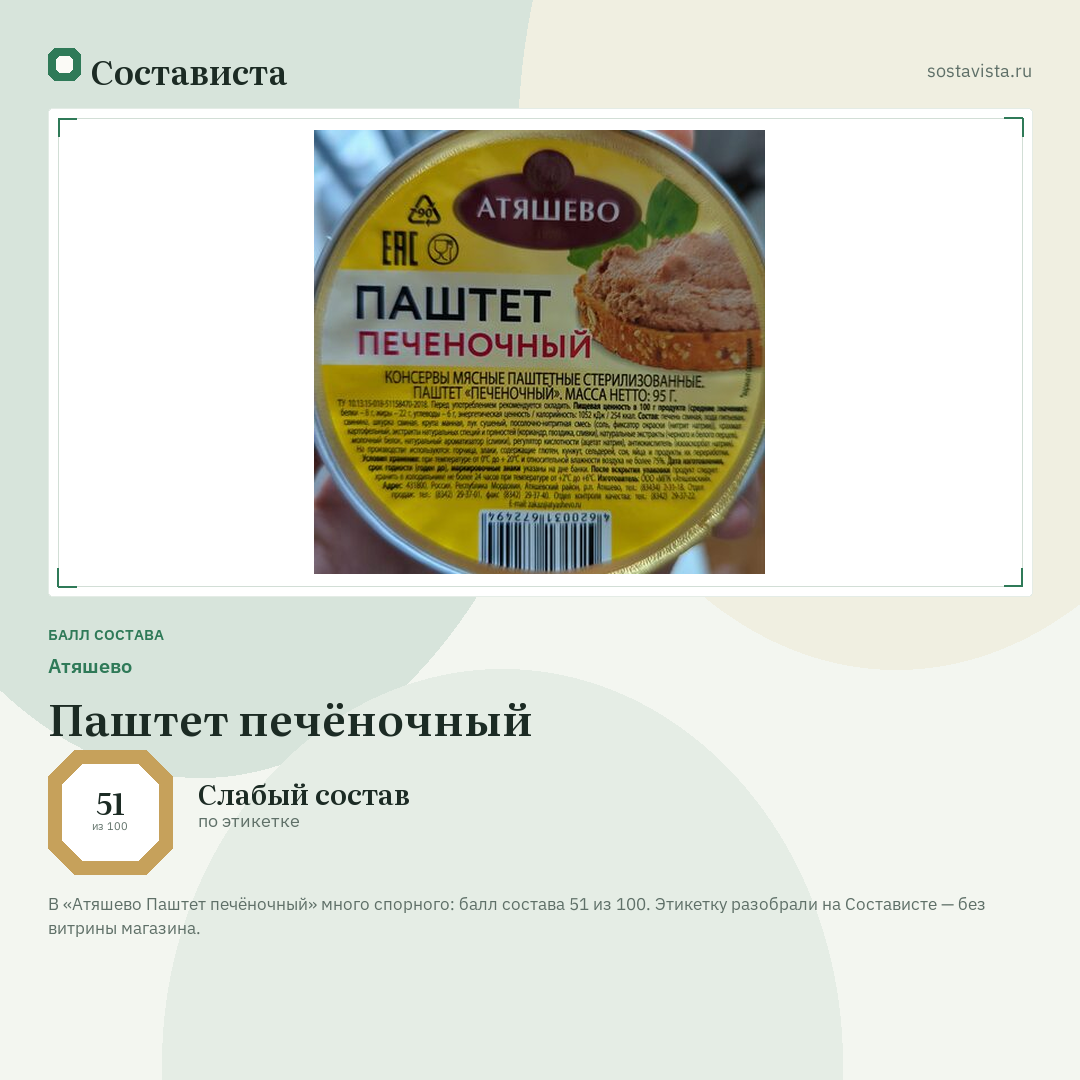 Атяшево Паштет печёночный: балл состава 51 из 100 — Состависта