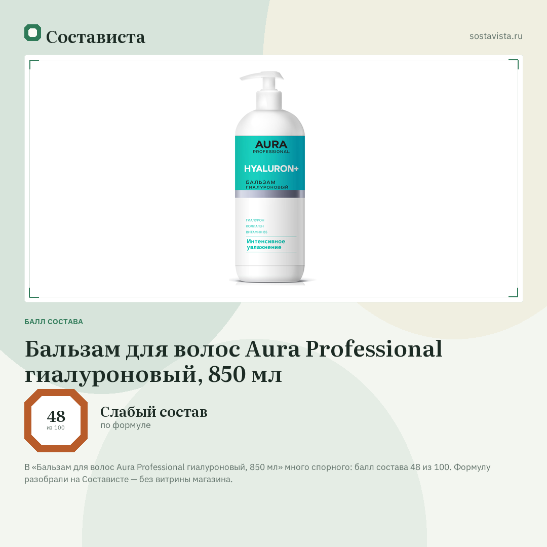 Бальзам для волос Aura Professional гиалуроновый, 850 мл: балл состава 48 из 100 — Состависта
