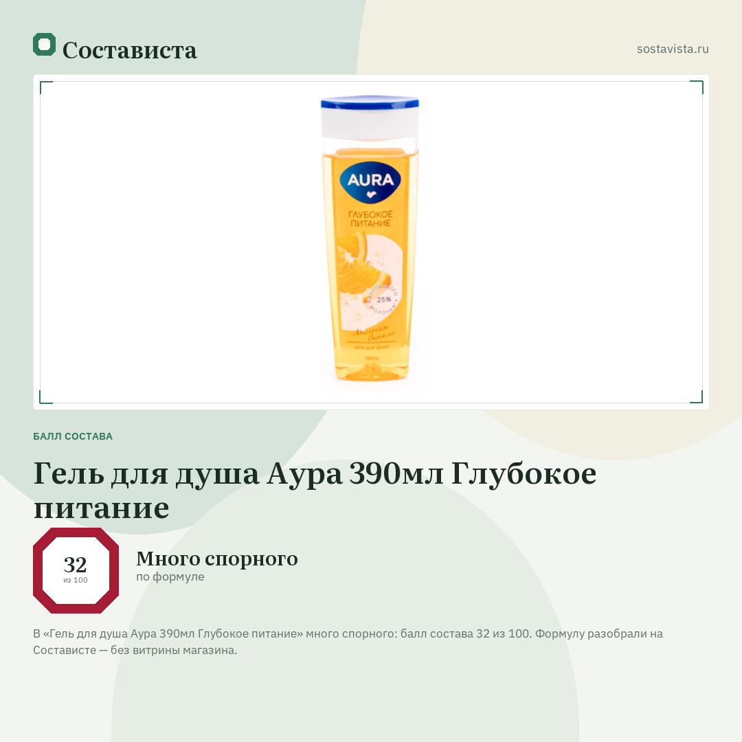 Гель для душа Аура 390мл Глубокое питание: балл состава 32 из 100 — Состависта