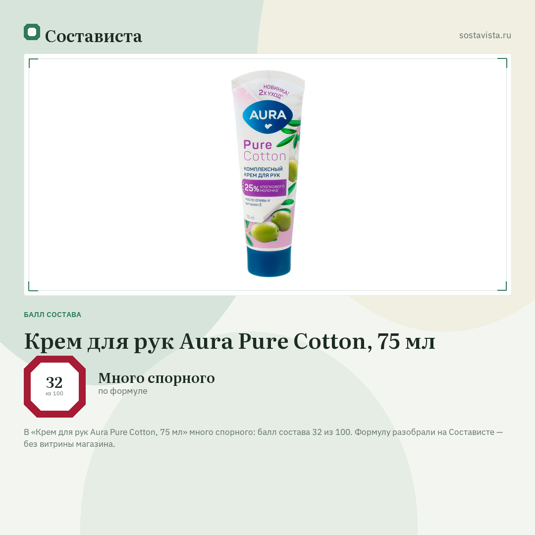 Крем для рук Aura Pure Cotton, 75 мл: балл состава 32 из 100 — Состависта