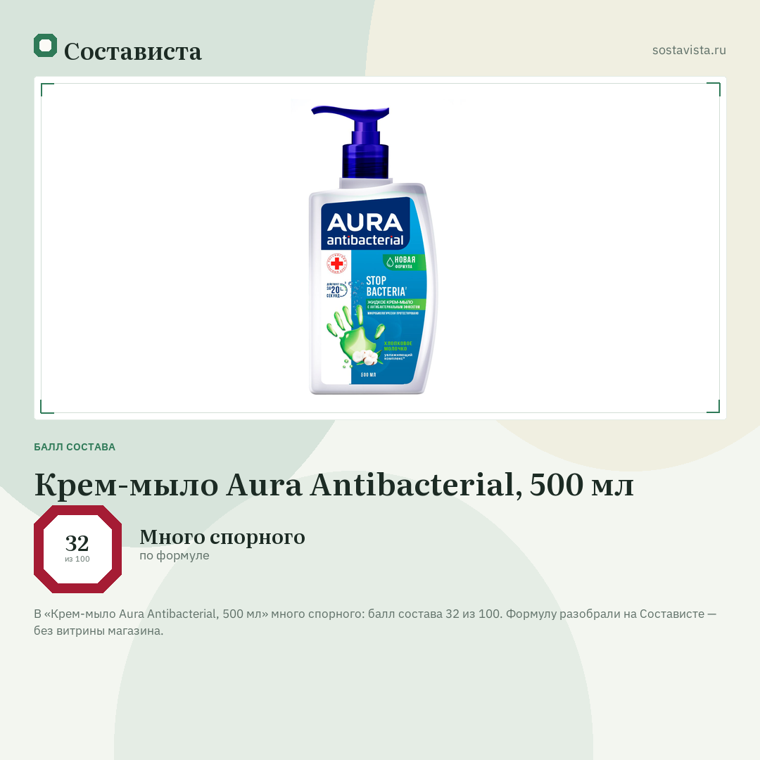 Крем-мыло Aura Antibacterial, 500 мл: балл состава 32 из 100 — Состависта