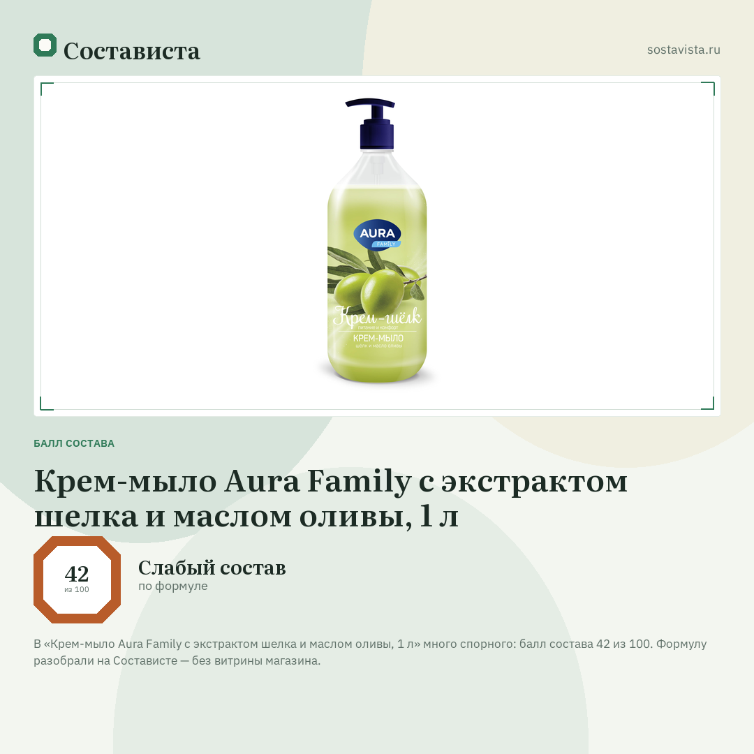 Крем-мыло Aura Family с экстрактом шелка и маслом оливы, 1 л: балл состава 42 из 100 — Состависта