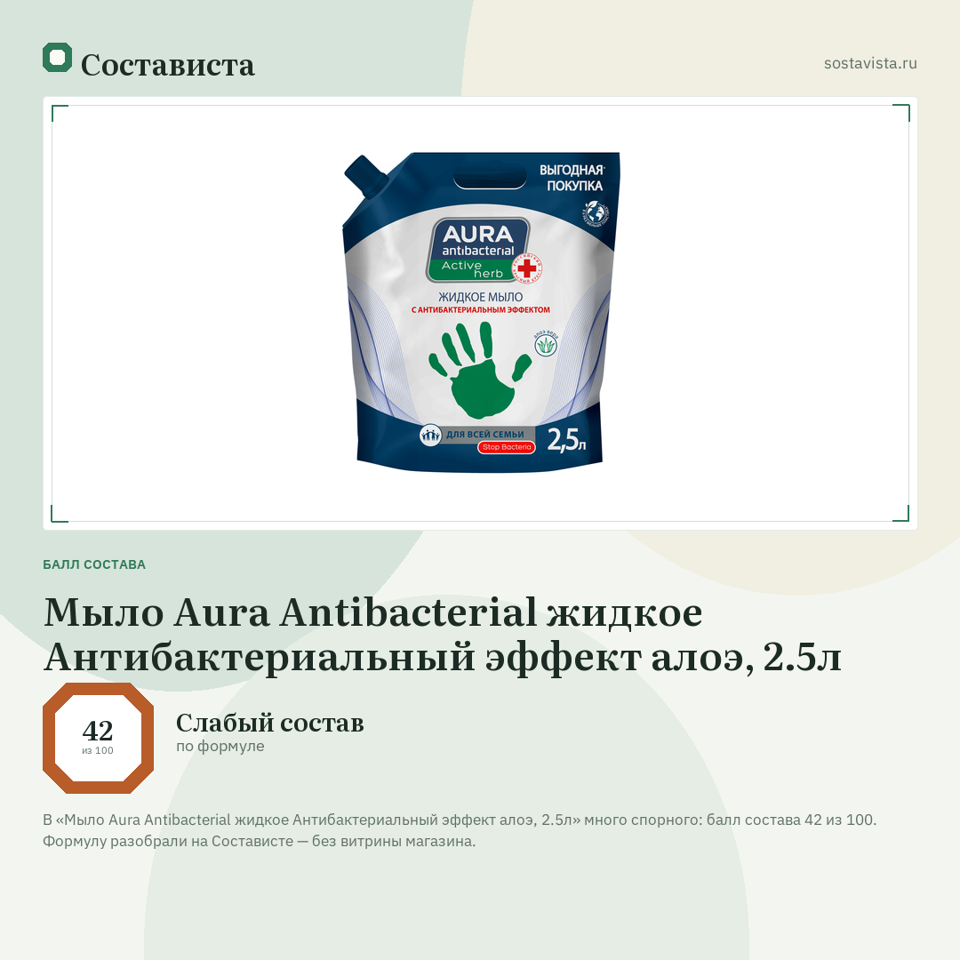 Мыло Aura Antibacterial жидкое Антибактериальный эффект алоэ, 2.5л: балл состава 42 из 100 — Состависта