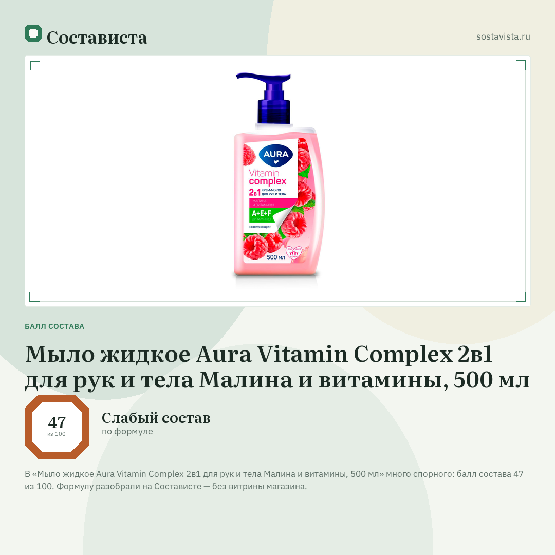 Мыло жидкое Aura Vitamin Complex 2в1 для рук и тела Малина и витамины, 500 мл: балл состава 47 из 100 — Состависта