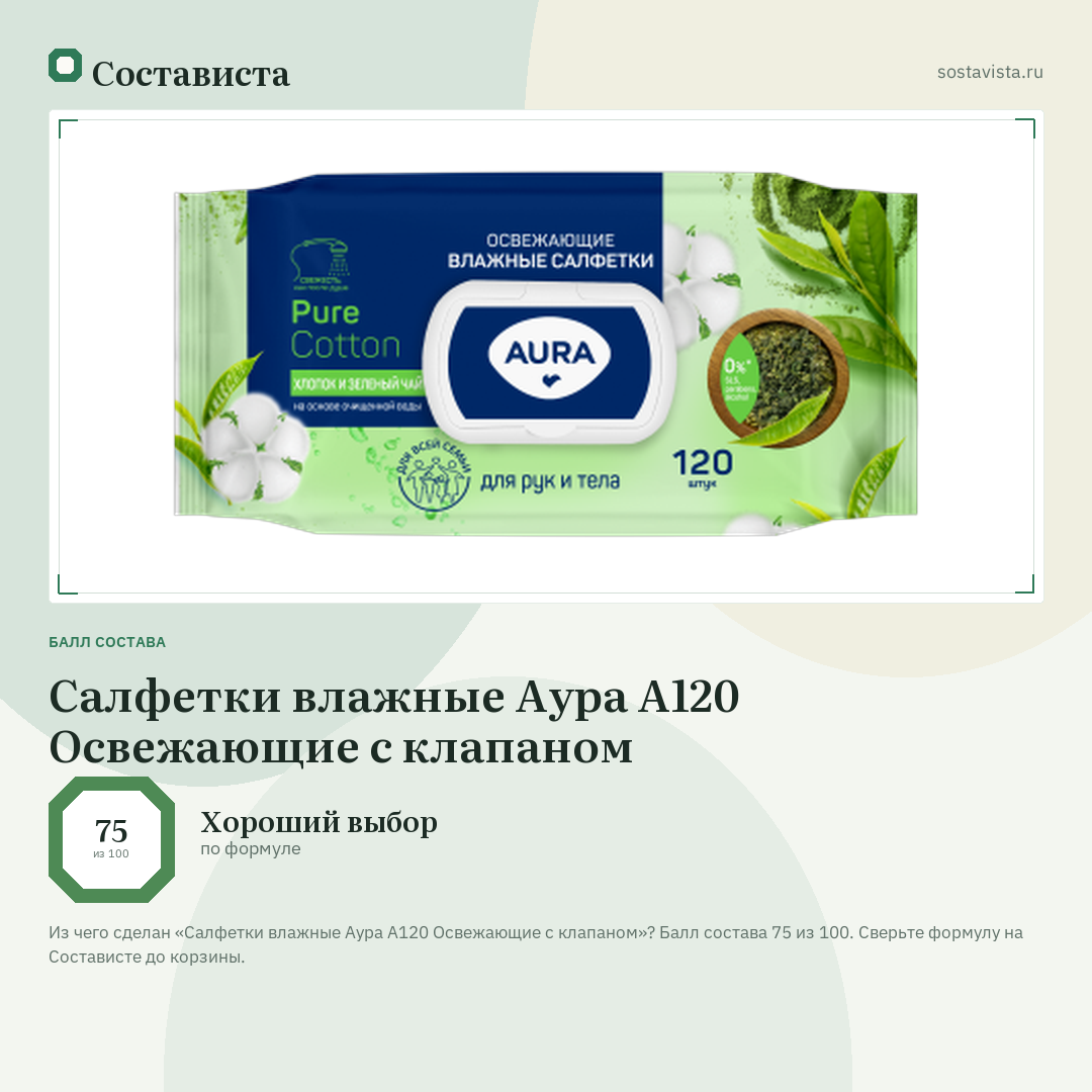 Салфетки влажные Аура А120 Освежающие с клапаном: балл состава 75 из 100 — Состависта