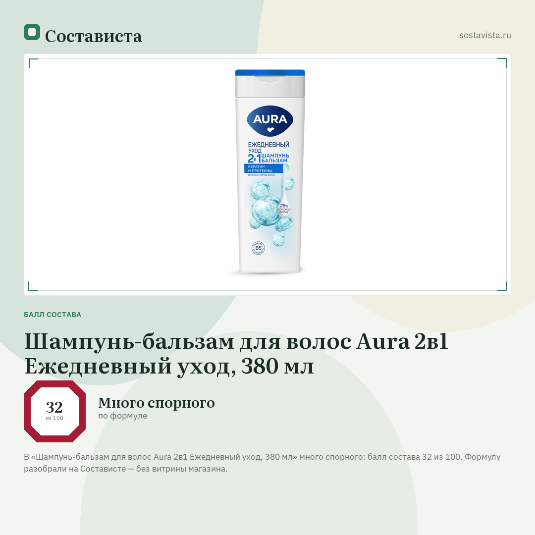 Шампунь-бальзам для волос Aura 2в1 Ежедневный уход, 380 мл: балл состава 32 из 100 — Состависта