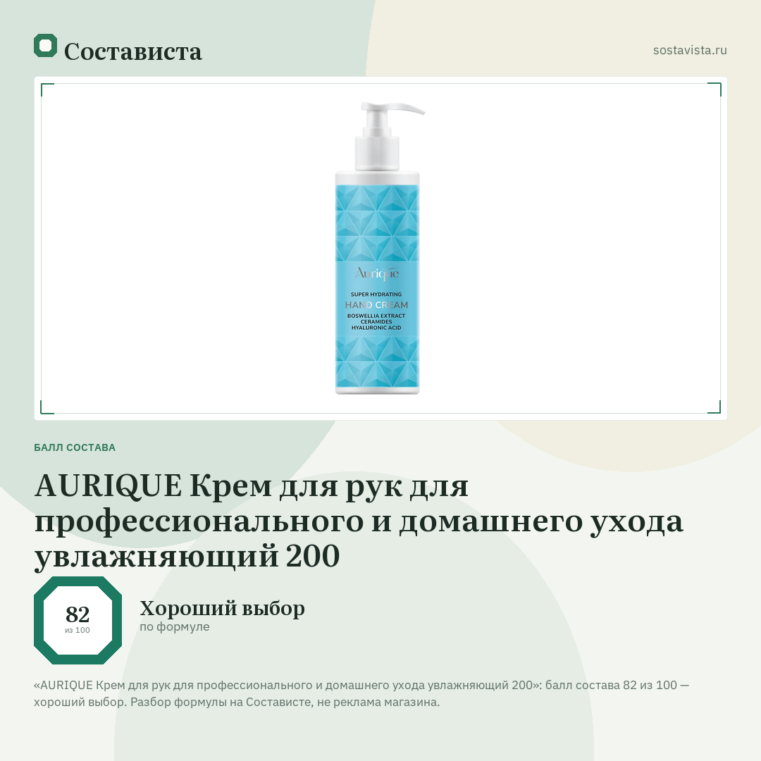AURIQUE Крем для рук для профессионального и домашнего ухода увлажняющий 200: балл состава 82 из 100 — Состависта