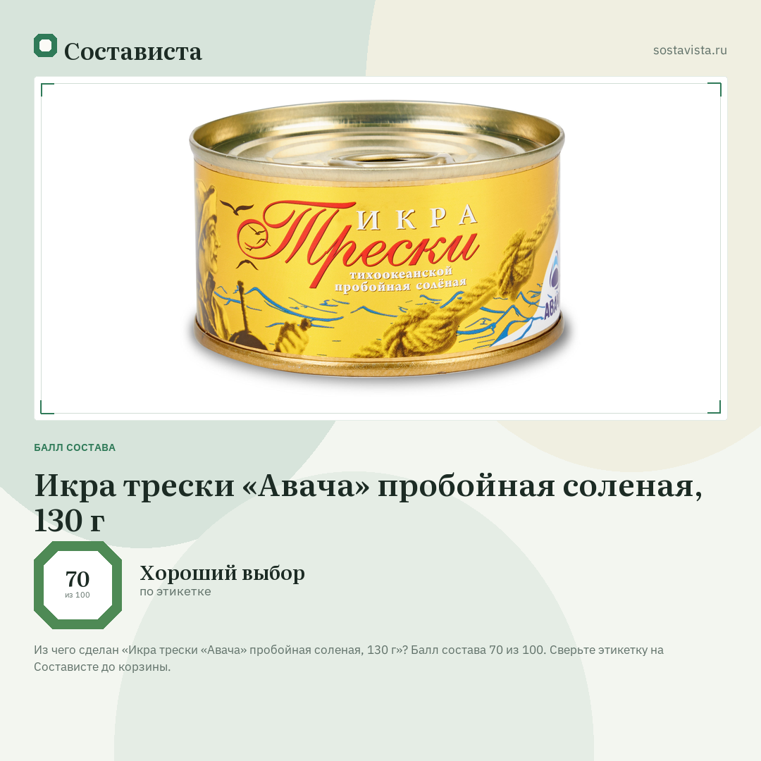 Икра трески «Авача» пробойная соленая, 130 г: балл состава 70 из 100 — Состависта