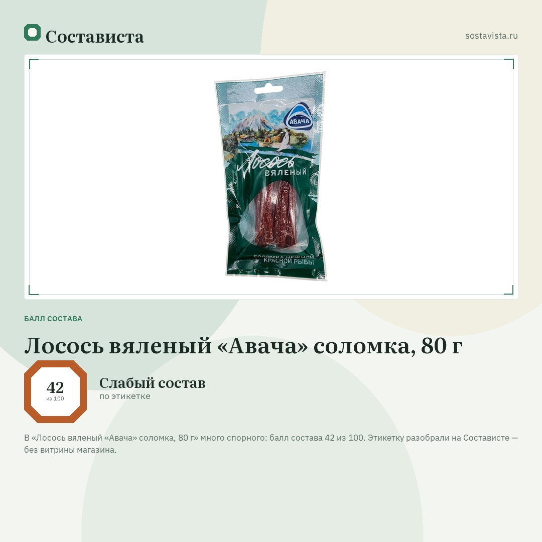 Лосось вяленый «Авача» соломка, 80 г: балл состава 42 из 100 — Состависта