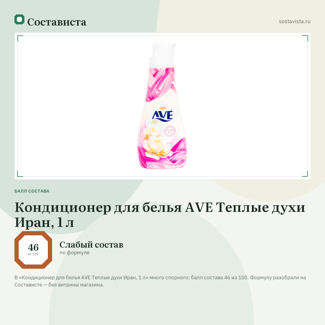 Кондиционер для белья AVE Теплые духи Иран, 1 л: балл состава 46 из 100 — Состависта